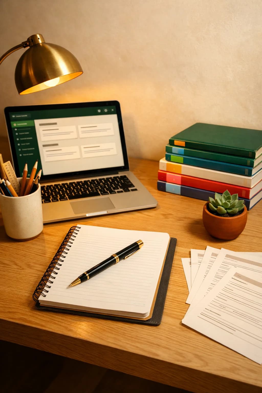A beautifully organised Indian student study desk with textbooks, notebook, lamp and laptop.