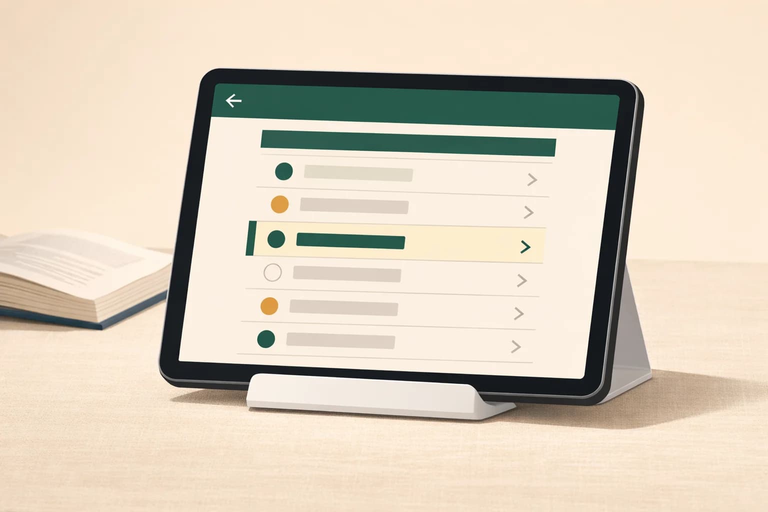 Tablet showing an organised chapter list with progress dots and active chapter highlight.