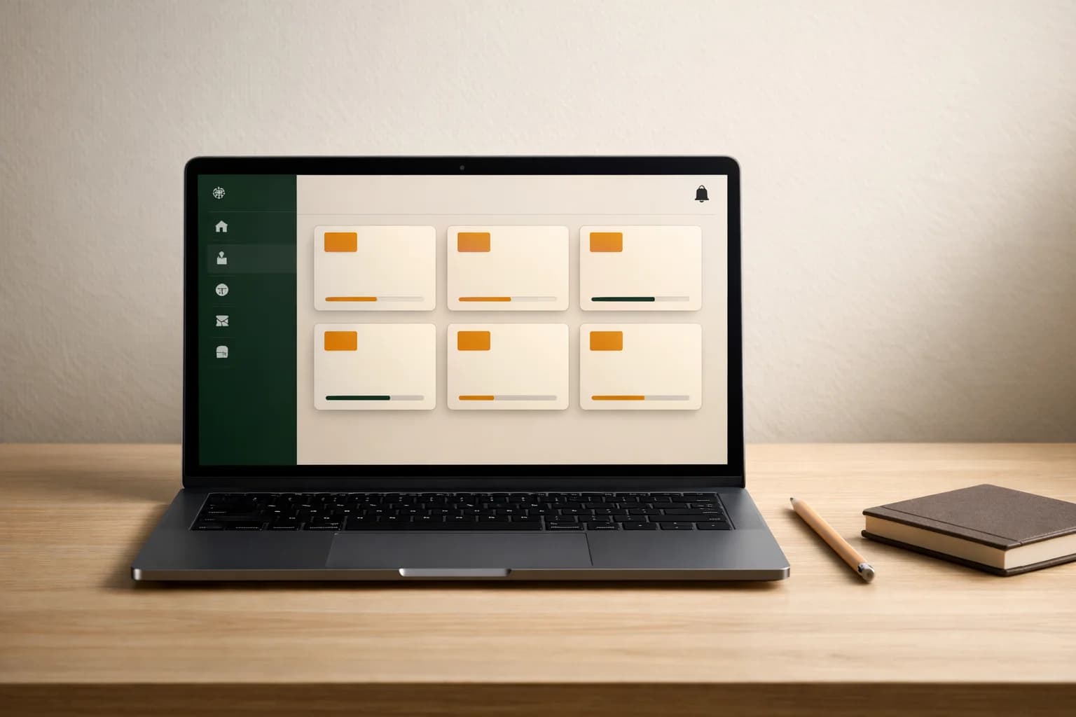 Laptop showing a clean educational dashboard with subject cards and progress indicators.
