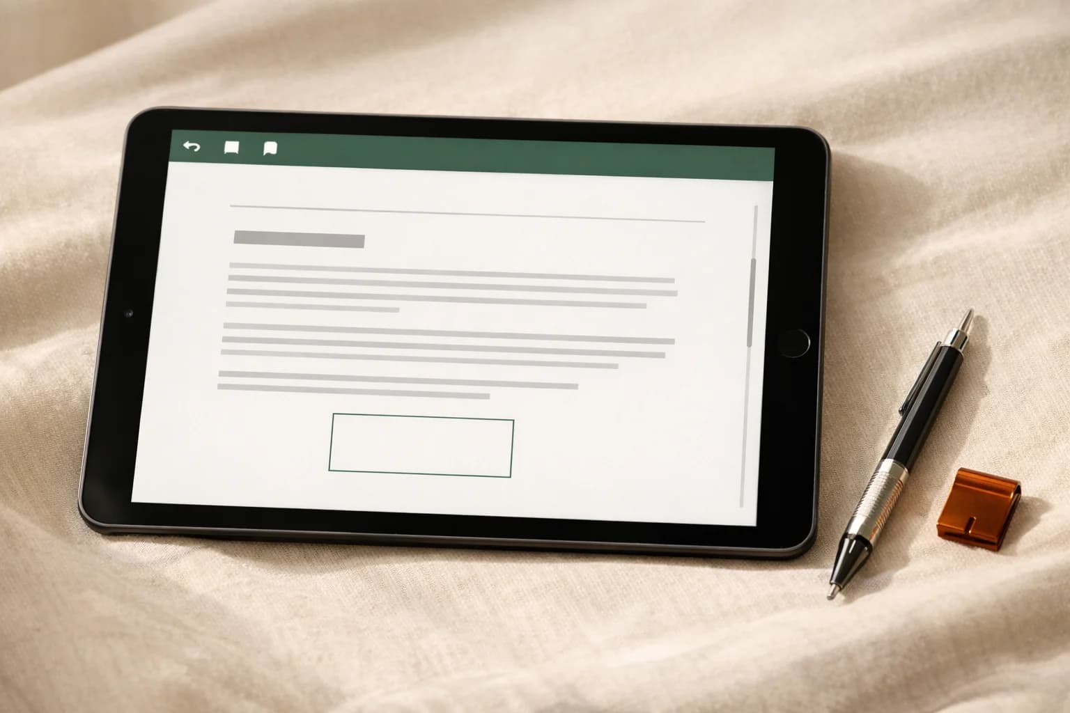 iPad in landscape showing a clean PDF reader with chapter content and toolbar controls.